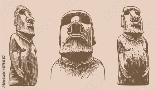 Graphical big vintage set of moai statues on sepia background, vector elements. Archeological artifacts 