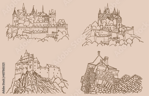 Graphical vintage set of castles from Germany ,vector sketchy illustration. Historical buildings