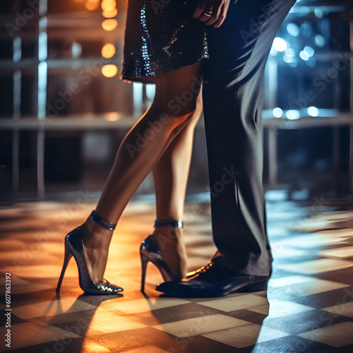 A woman's legs in high heels and a man's legs in suit pants. The couple dances on the hardwood floor in a dance hall, AI generative content.