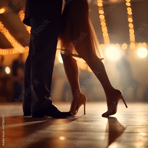 A woman's legs in high heels and a man's legs in suit pants. The couple dances on the hardwood floor in a dance hall, AI generative content.