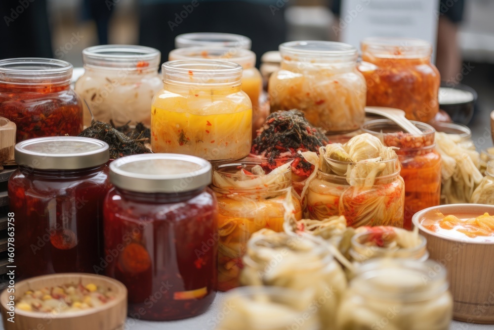 fermented food market, showcasing a variety of different fermented foods, such as kimchi and sauerkraut, created with generative ai fermented food market, showcasing a variety of different fermented foods, such as kimchi and sauerkraut, created with generative ai