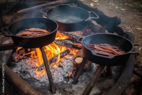 campfire cook with cast-iron skillet and sizzling bacon, eggs and pancakes, created with generative ai