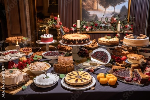 table setting with a variety of holiday pastries  pies  and cakes  created with generative ai