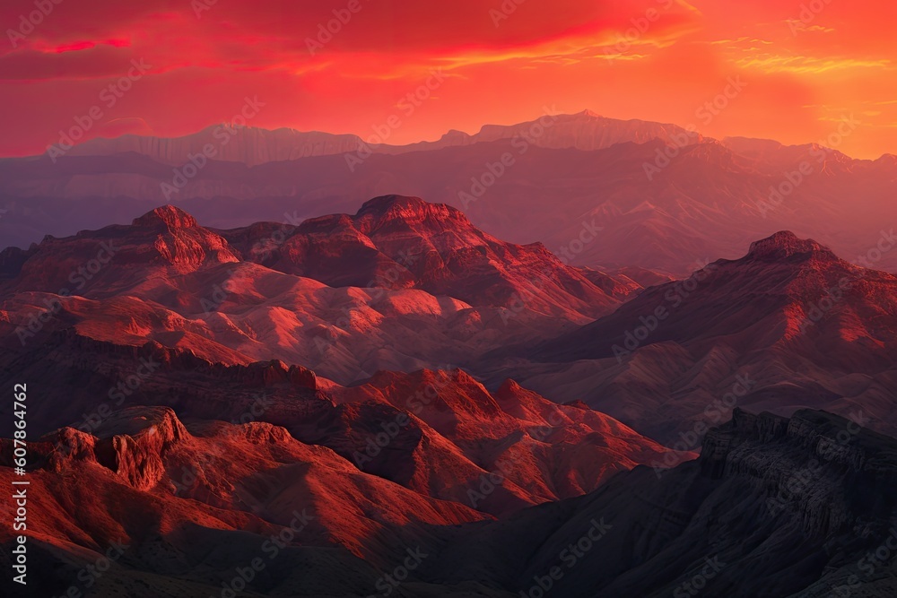 majestic mountains in sunset, with vibrant hues of oranges and reds, created with generative ai