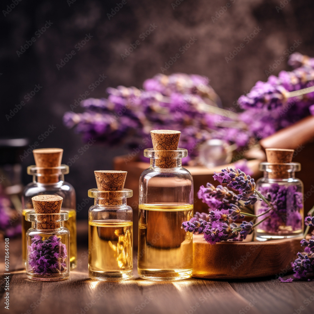Generative ai. Essential lavender oil bottle and flowers Generative ai. Essential lavender oil bottle and flowers