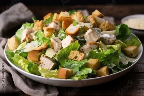 tasty chicken caesar salad, drizzled with creamy dressing and topped with tangy croutons, created with generative ai