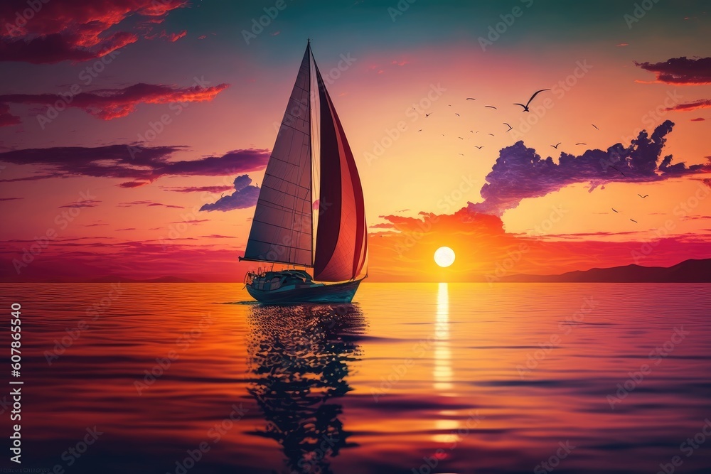sailboat gliding over smooth waters during sunset, with a colorful sky in the background, created with generative ai