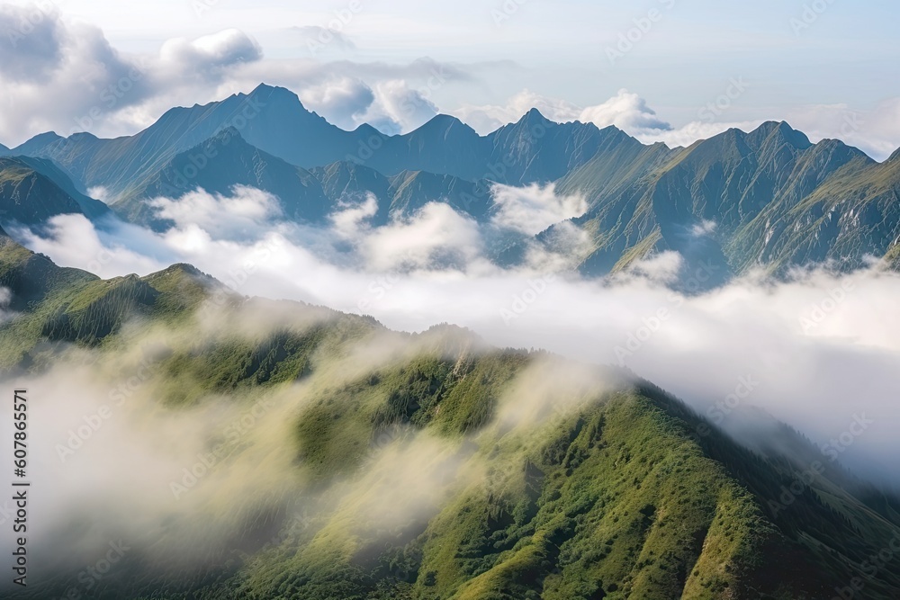 majestic mountain range, with clouds floating above and mist in the valleys, created with generative ai