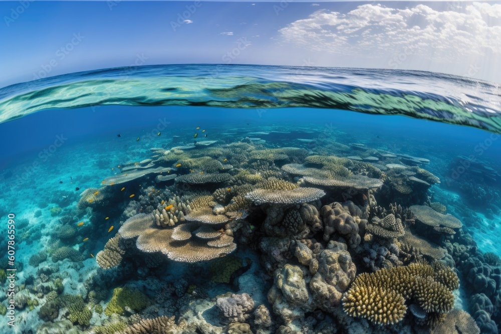 calm sea, with schools of fish swimming amongst coral reefs, created with generative ai