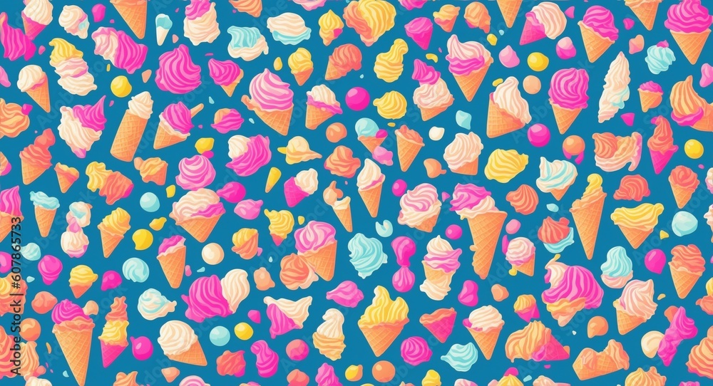 Scoops of ice cream assorted flavors. Scoops of ice cream seamless pattern. Background for poster, greeting cards, headers, baner, generative ai - obrazy, fototapety, plakaty 