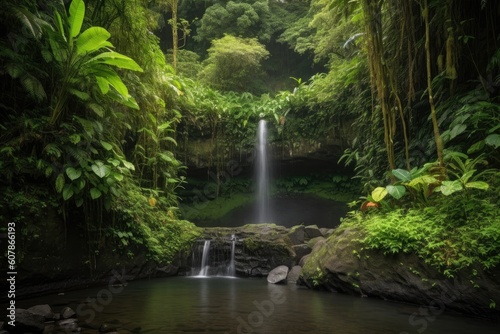 waterfall surrounded by lush greenery and wildlife  created with generative ai