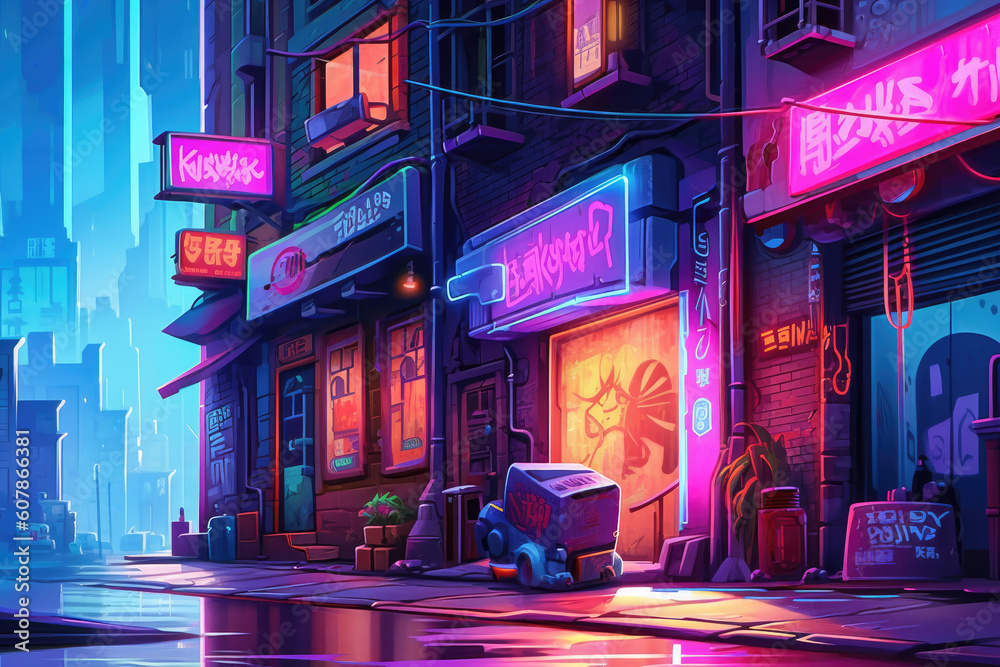 Obraz premium Cyberpunk City, Sci-Fi, Science Fiction, Space, Futuristic, 2D, Game Background, Generative AI
