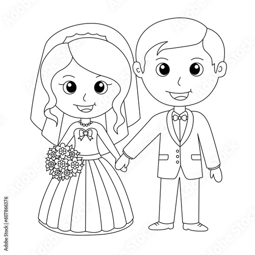 Wedding Couple Coloring Page. Bride And Groom Cartoon Illustration. Cute Marriage Scene. Just Married Illustration. Wedding Ceremony Act. Groom Wearing A Tuxedo And Bride Carrying A Bouquet Of Flowers
