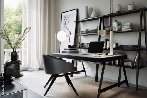 home office with sleek and modern decor, featuring minimalist furniture and chic accessories, created with generative ai © altitudevisual