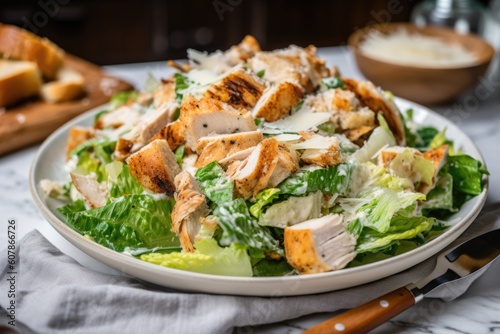 shredded chicken, croutons, and caesar dressing on bed of romaine lettuce, created with generative ai