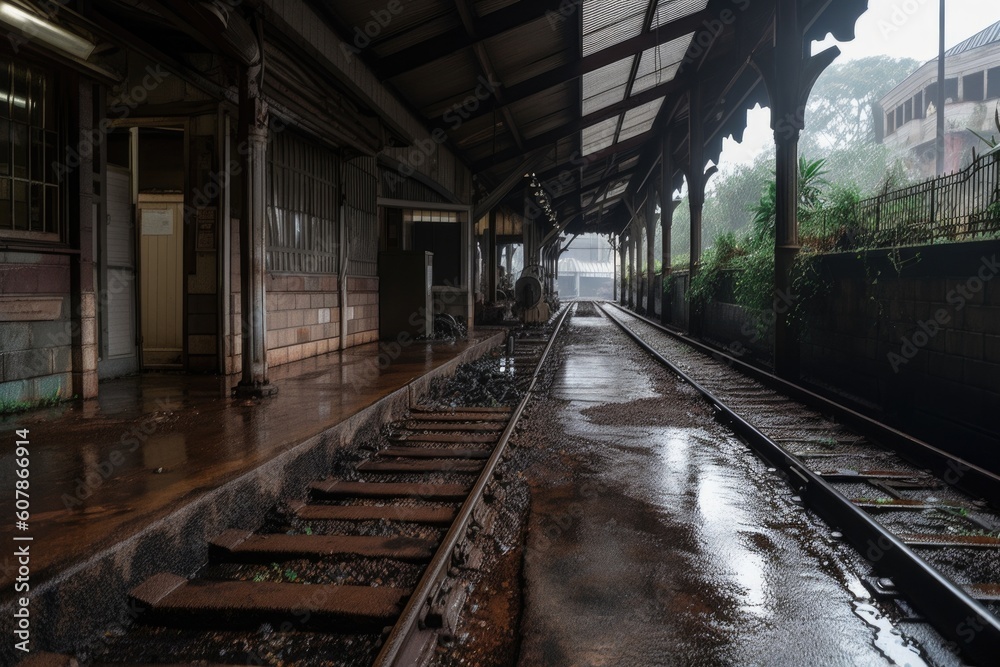 an abandoned train station, with rusting metal and rainwater puddles on the platform, created with generative ai