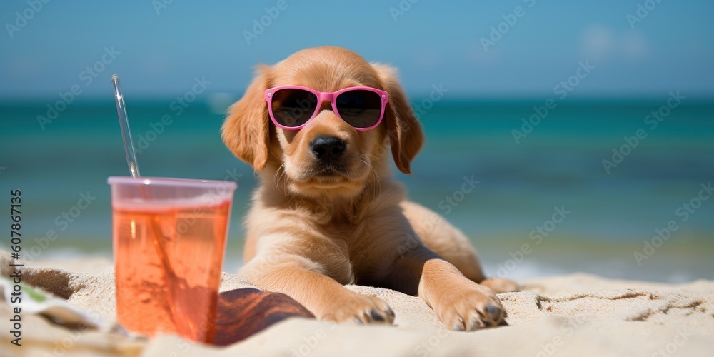dog laying on the beach with sunglasses, ai generated