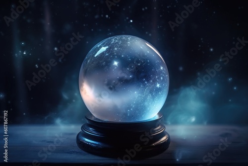 magical crystal ball, with swirling mist and twinkling stars, against starry night sky, created with generative ai photo
