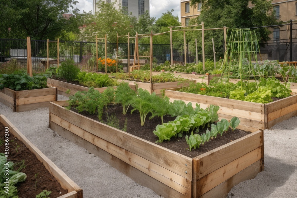 community garden, with vegetables and herbs growing in raised beds, created with generative ai community garden, with vegetables and herbs growing in raised beds, created with generative ai