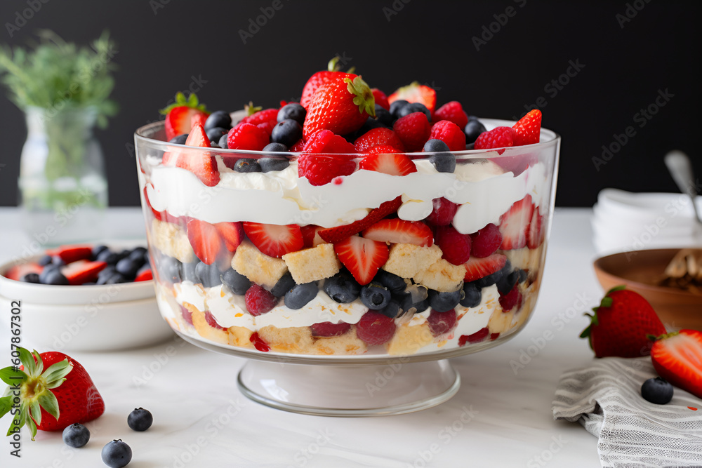 Patriotic festive trifle in big bowl for Independence Day. Summer layered dessert for 4 of July. Close up. Generative AI. Patriotic festive trifle in big bowl for Independence Day. Summer layered dessert for 4 of July. Close up. Generative AI.
