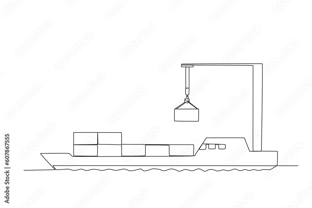 A ship receives goods at the port. Harbor activities one-line drawing A ship receives goods at the port. Harbor activities one-line drawing