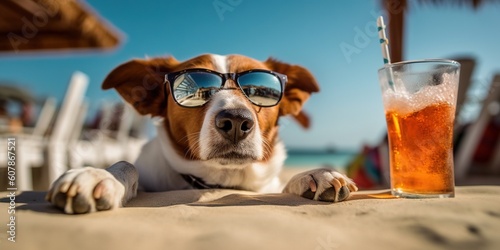dog laying on the beach with sunglasses, ai generated © Fotostockerspb