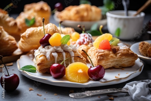 plate of flaky puff pastries with fruit filling and icing, created with generative ai