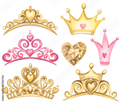 Watercolor hand drawn Set of queen golden crowns. Collection of pink and gold princess tiaras cartoon illustration © MarinadeArt