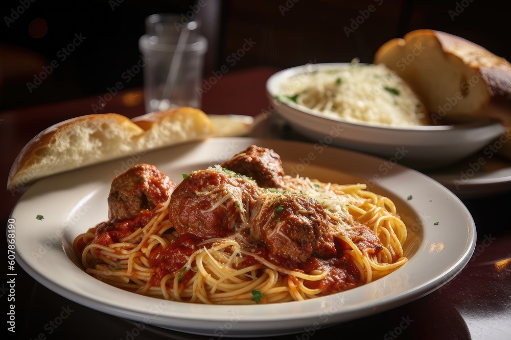 Fototapeta premium plate of spaghetti and meatballs with side of garlic bread, created with generative ai