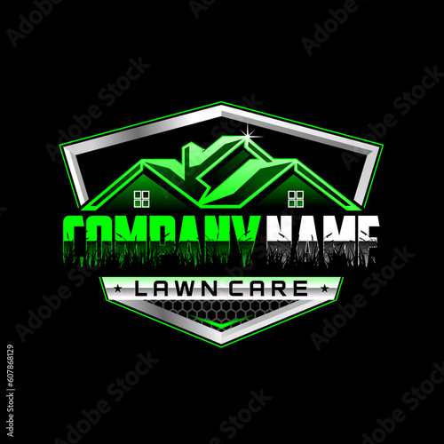 Lawn care logo design on black background. Featuring bold and vibrant graphics, it's sure to capture the attention of potential customers.