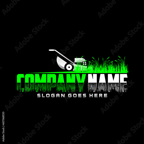 Lawn care logo design on black background. Featuring bold and vibrant graphics, it's sure to capture the attention of potential customers.