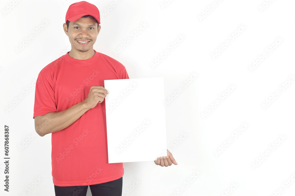 Delivery man holding blank paper with copy space, place for text image. Delivery man holding blank paper with copy space, place for text image.