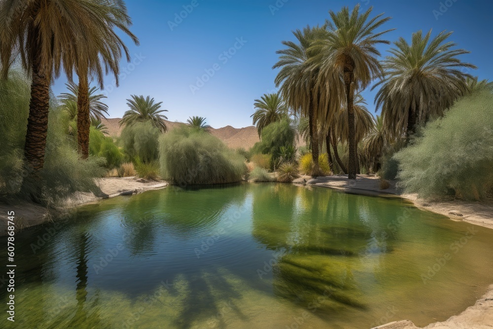 desert oasis, with palm trees and rolling dunes in the background, created with generative ai desert oasis, with palm trees and rolling dunes in the background, created with generative ai