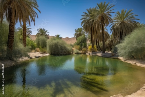 desert oasis  with palm trees and rolling dunes in the background  created with generative ai