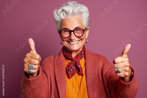 Studio portrait of a happy senior woman with thumbs up positive hand gesture. Generative ai