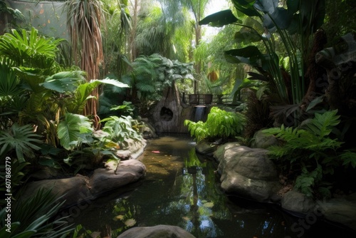 exotic pet habitat  with lush vegetation and natural water source  created with generative ai