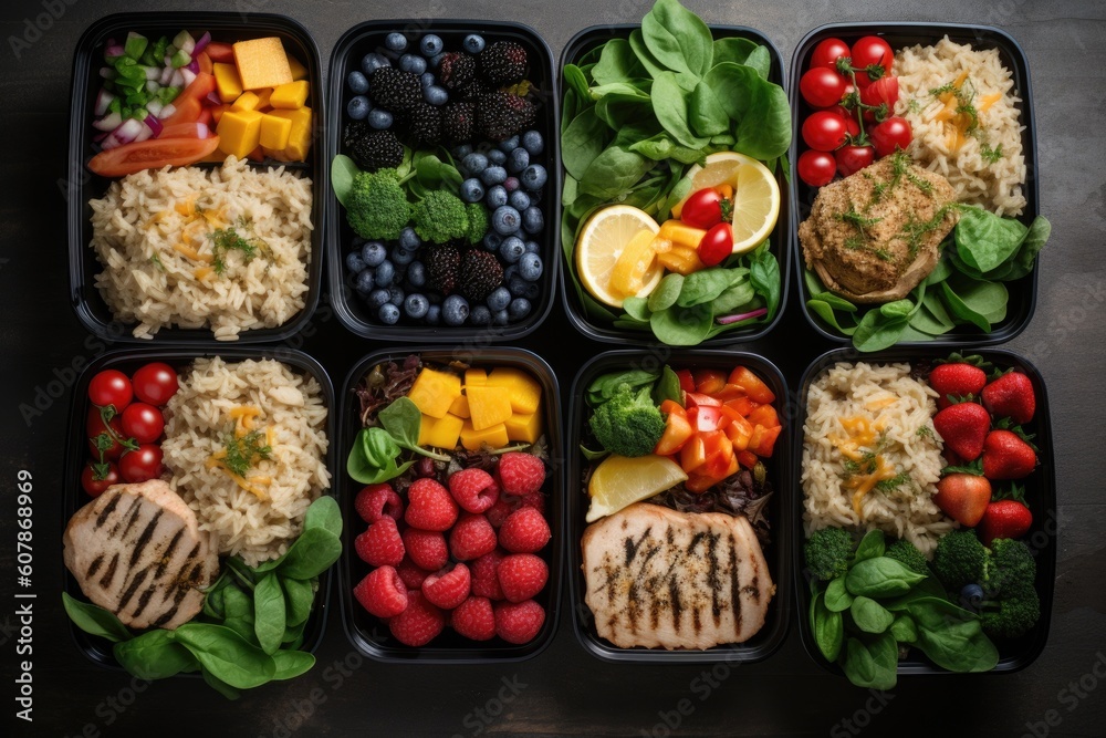 meal prep box filled with perfectly portioned ingredients, ready to eat, created with generative ai