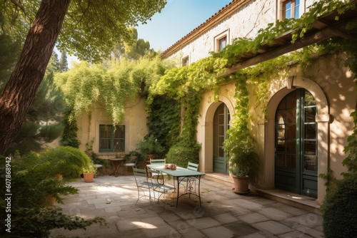 sun-drenched patio surrounded by lush greenery in mediterranean house exterior, created with generative ai