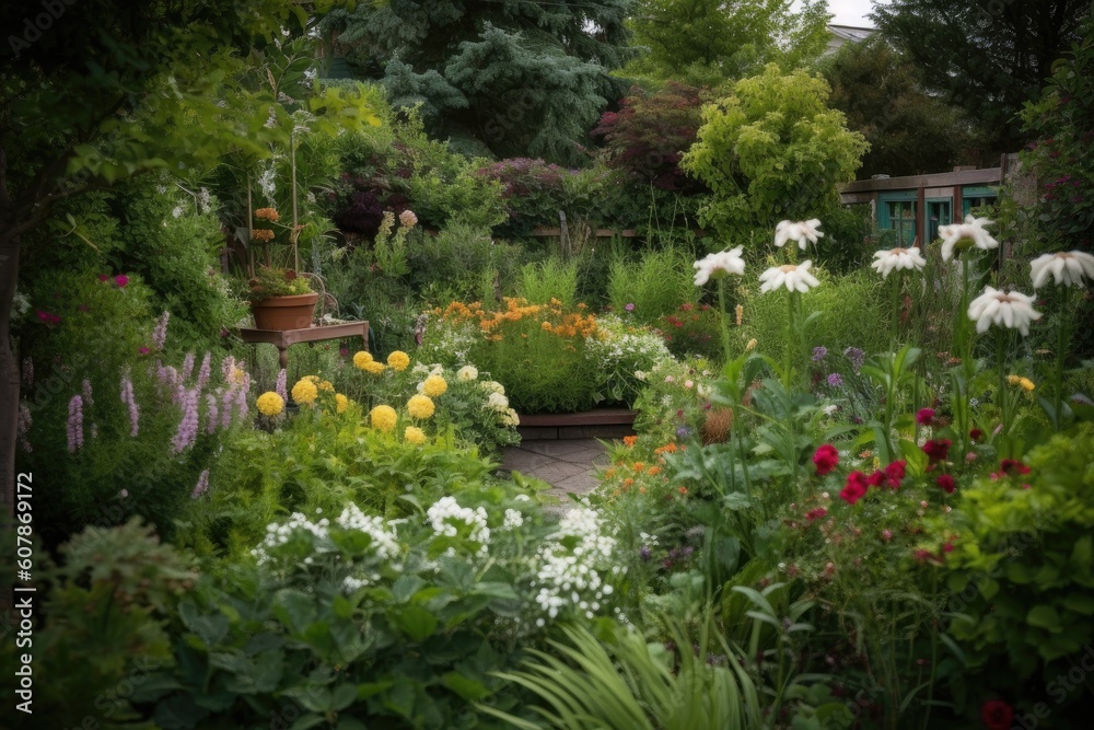 closer shot of greenery and blooms in garden, with focal point of view, created with generative ai closer shot of greenery and blooms in garden, with focal point of view, created with generative ai