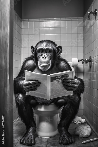 monkey sitting on the toilet reading a newspaper, generative ai art, animal humor, funny bathroom wall art photo