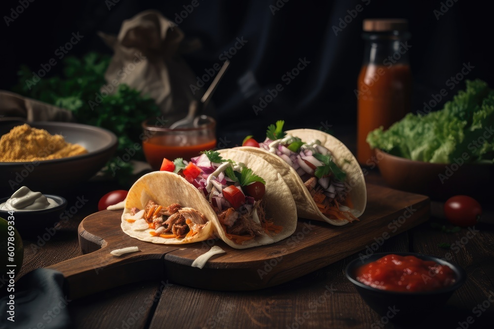 plate of taco with fresh ingredients and spicy sauce on wooden table, created with generative ai