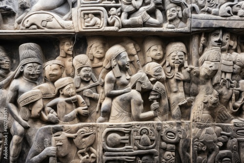 close-up of worn stone carving, depicting life and rituals of long-lost civilization, created with generative ai