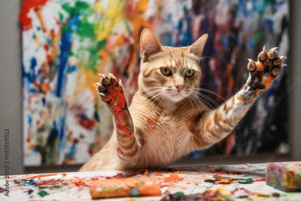 cat, with paw in the air, creating abstract work of art, created with generative ai cat, with paw in the air, creating abstract work of art, created with generative ai