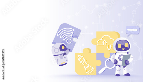 Artificial Intelligence technology concept. AI robot building jigsaw puzzle together. Innovation ideas, problem solving, connectivity, tactical planning, strategy management, data analysis.