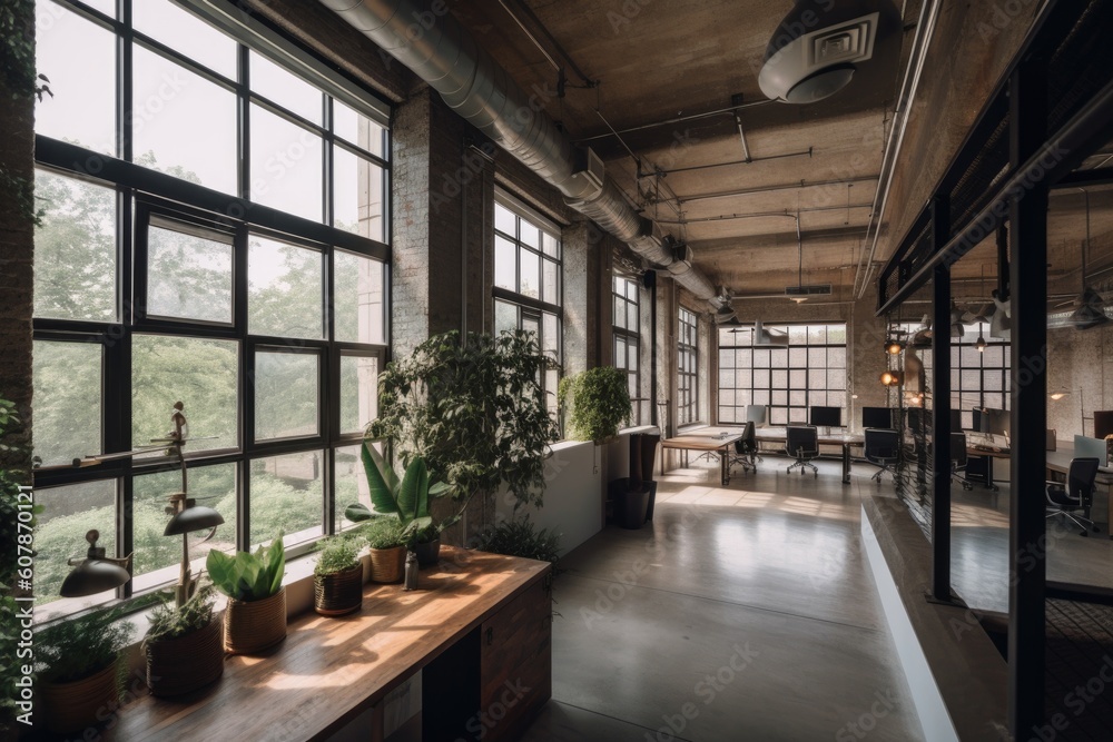 adaptive reuse and renovation project, where old factory has been transformed into modern office space, created with generative ai adaptive reuse and renovation project, where old factory has been transformed into modern office space, created with generative ai