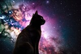 cosmic nebula with silhouette of feline and canine astronaut in space, created with generative ai