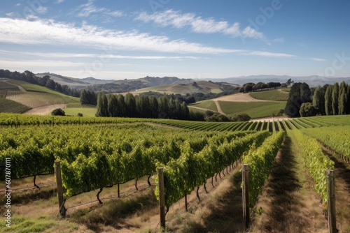 vineyard with rows of vines and rolling hills in the background, created with generative ai