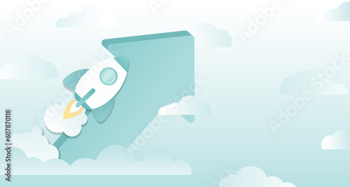 Business startup ideas concept. A rocket go up, follow arrow to achieve success. Symbolizes the concept of opportunity, competition, challenge, goal, target. Successful business growth.