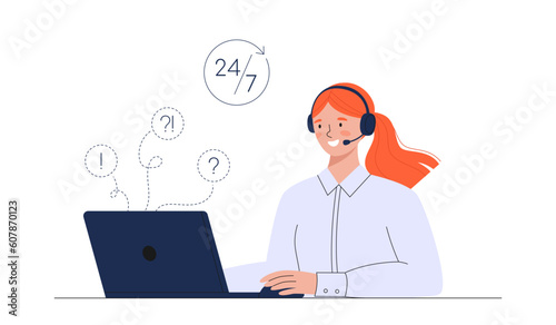 A woman in headphones works at a laptop. llustration of work in a call center or remote work. Vector business illustration
