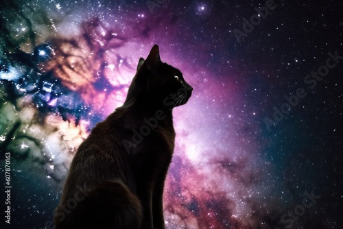 cosmic nebula with silhouette of feline and canine astronaut in space, created with generative ai © altitudevisual